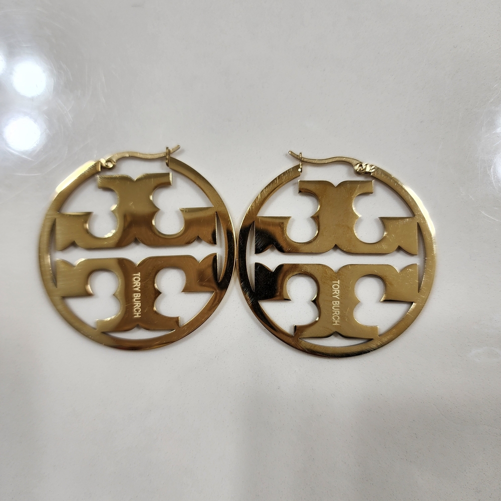 Tory Burch Polished Gold Double-T Hoop Earrings 2"